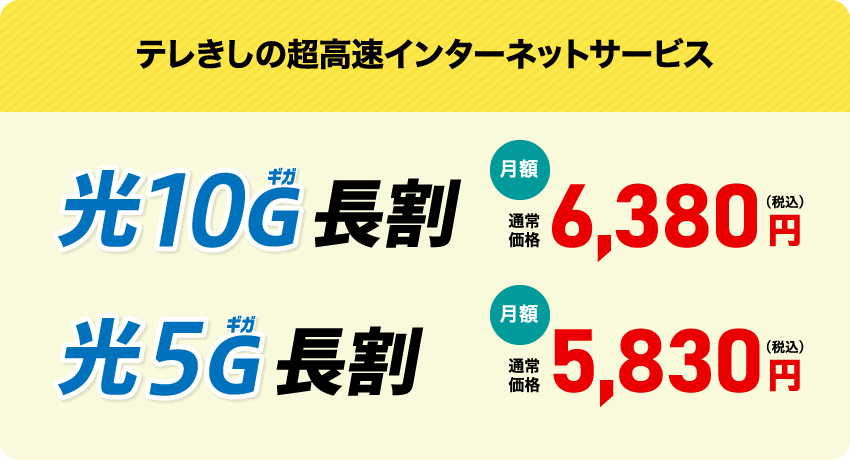 テレきしの超高速インターネットサービス　光10ギガ長割　月額6,380円、　光5ギガ長割　月額5,830円