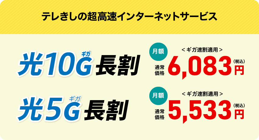 テレきしの超高速インターネットサービス 光10ギガ長割 月額6,380円、 光5ギガ長割 月額5,830円